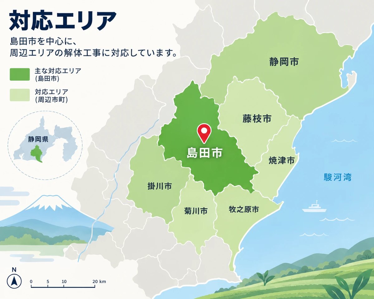 株式会社AMTの対応エリアマップ（島田市を中心に静岡県内）