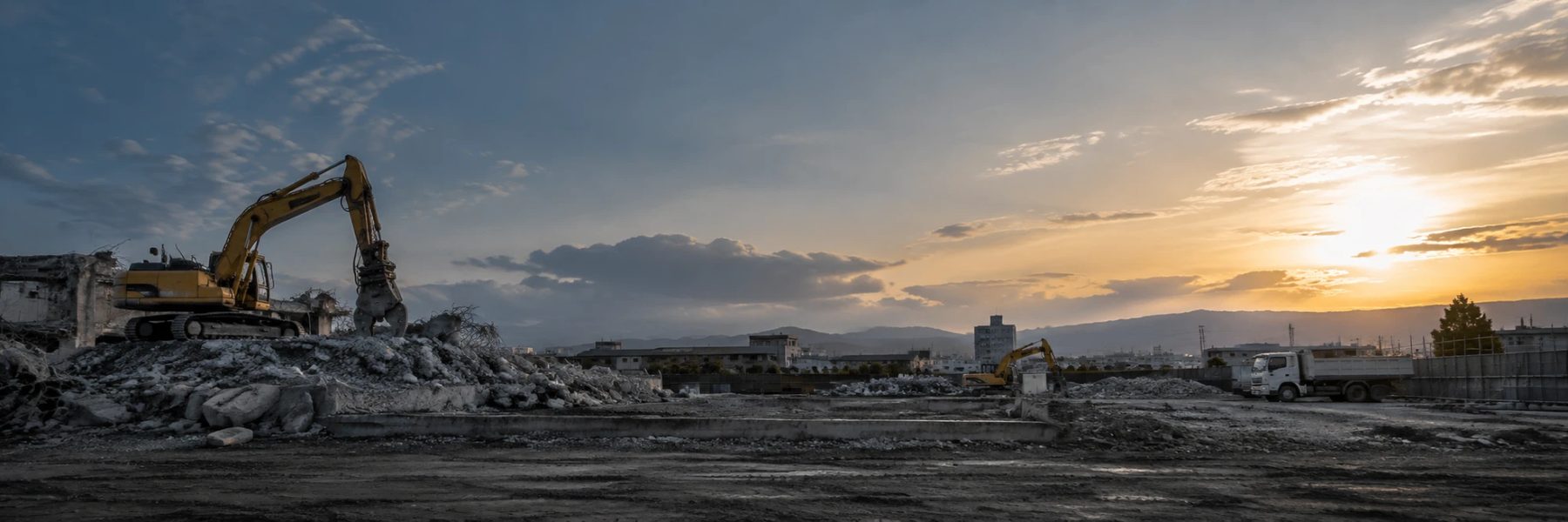 解体後の更地と重機（夕暮れの現場）｜静岡県島田市の株式会社AMT